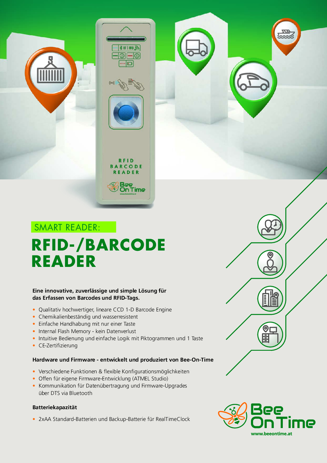 Datenblätter "RFID- und Barcode-Lesegerät von Bee On Time mit Fokus auf den Scan-Button und Konnektivitätsindikatoren."