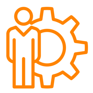 Stilisierte Darstellung einer Person neben einem Zahnrad, Symbol für menschliche Interaktion mit Technologie.